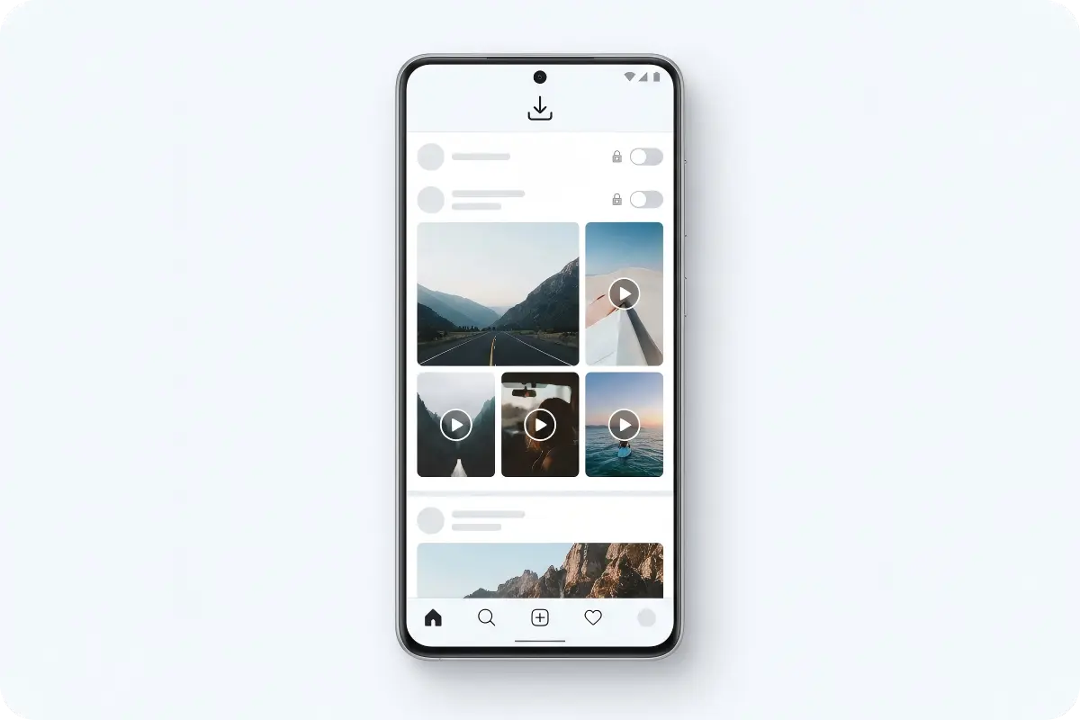 Insta Pro APK interface displayed on a modern Android smartphone with a premium photo and video feed, visible media download controls, privacy tools, and purple-pink interface accents