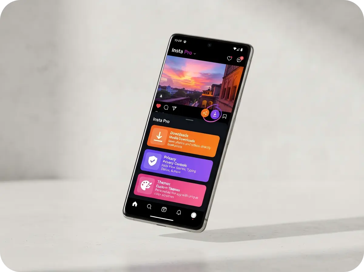 Insta Pro APK enhanced Android application environment represented by a floating smartphone, advanced interface controls, secure data streams, and a clean purple technology theme