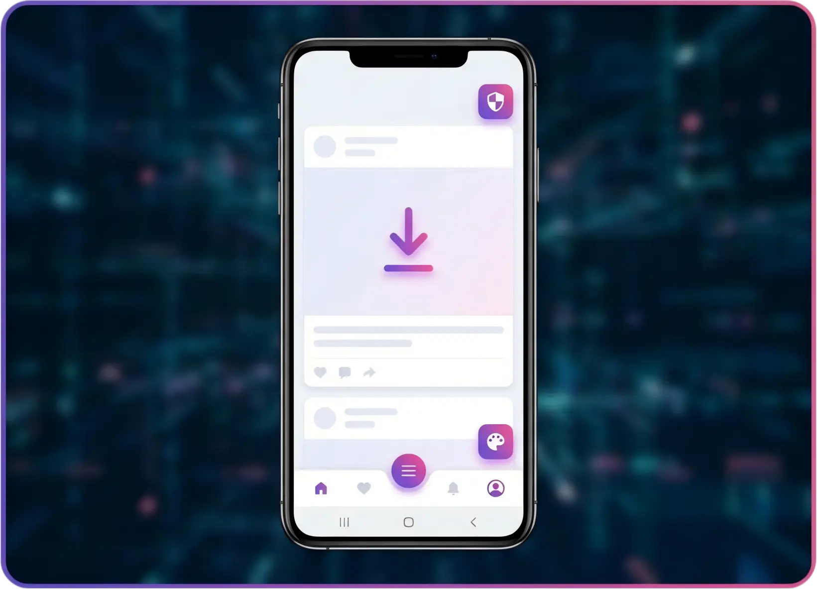 Insta Pro APK features overview showing media downloads, advanced privacy settings, interface customization, high-quality viewing, cleaner browsing, and convenient shortcuts